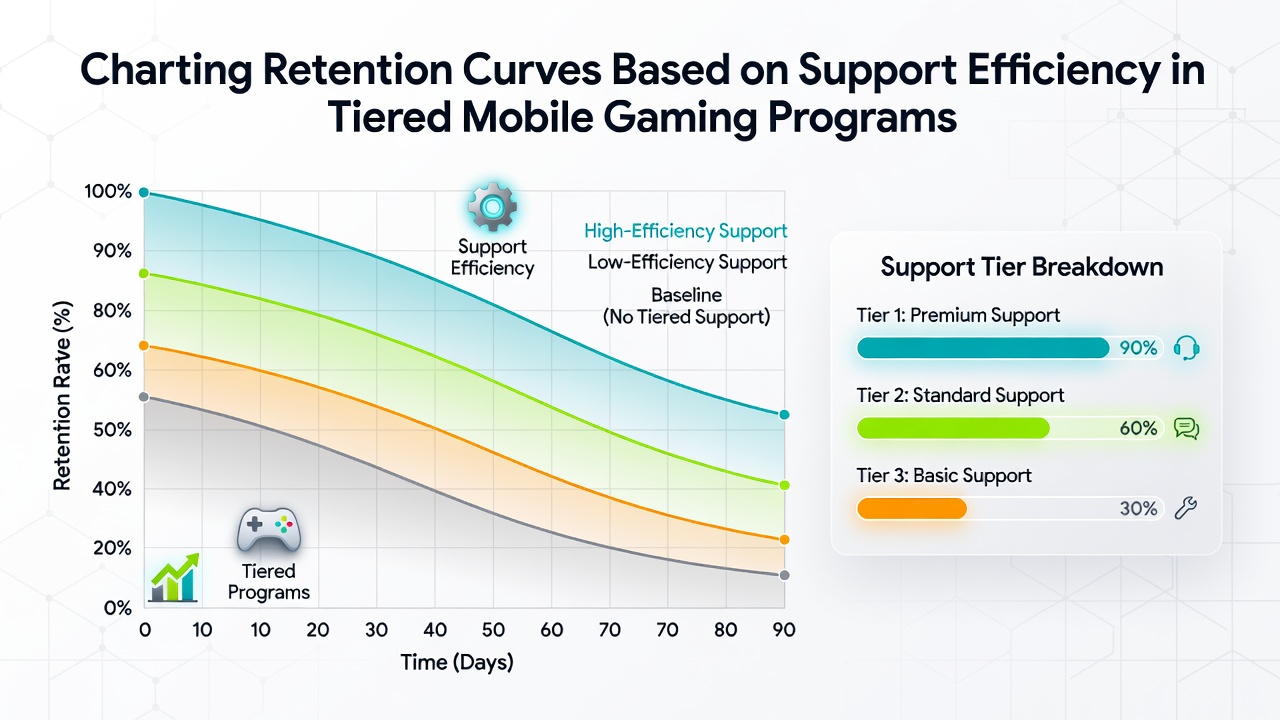 Grafik veranschaulicht Support-Effizienz-Metriken und deren Einfluss auf Retention-Kurven in mobilen Tiers