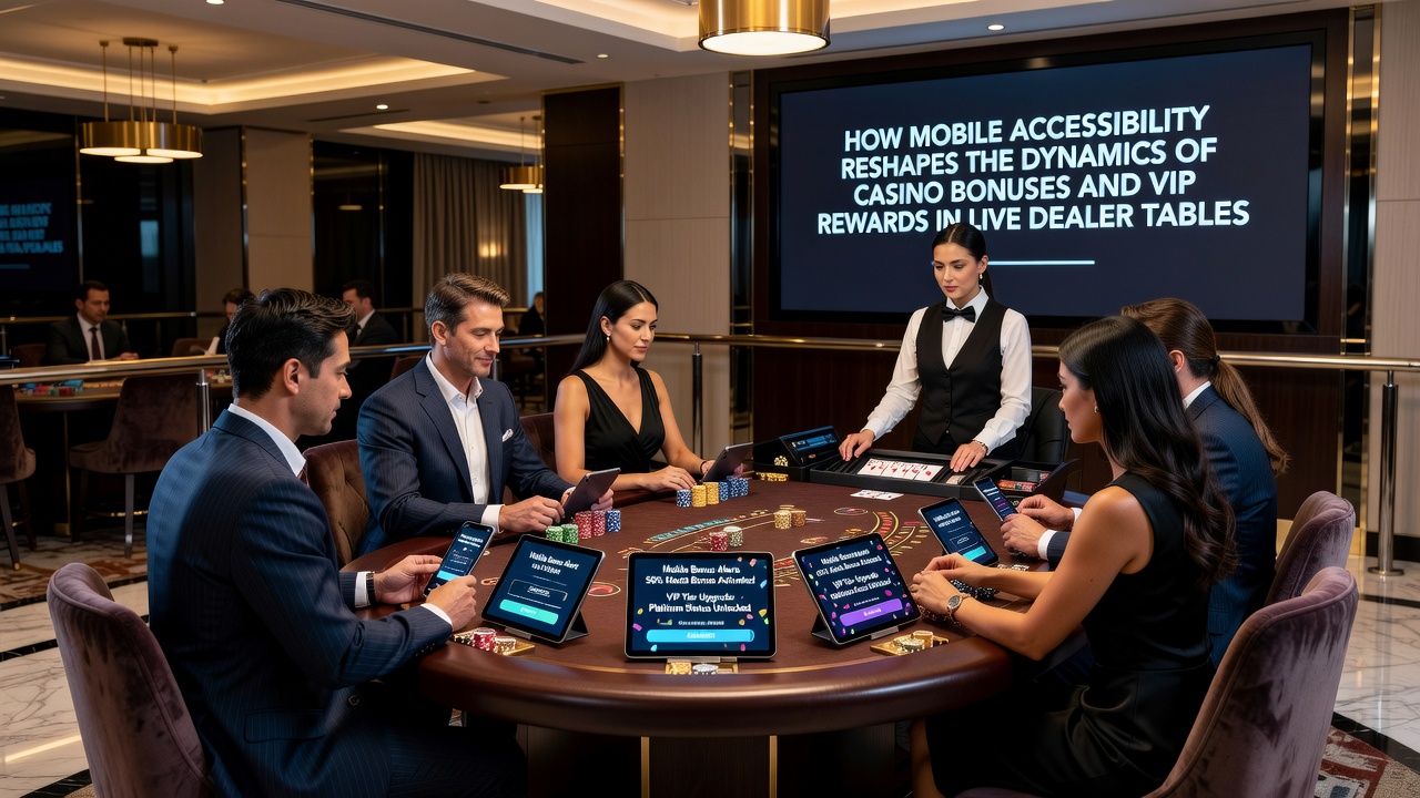 Smartphone-Display mit VIP-Rewards-Übersicht neben einem aktiven Live-Blackjack-Tisch auf einer mobilen Casino-Plattform