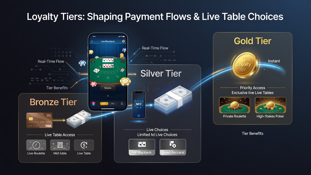 Darstellung von mobilen Schnittstellen mit Loyalty-Tiers und Live-Tisch-Optionen